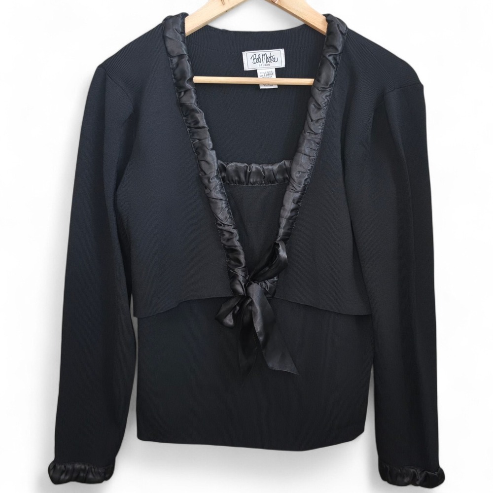 Bob Mackie Top Womens Large‎ Black Front Tie Satin Trim Blouse Scoop Neck